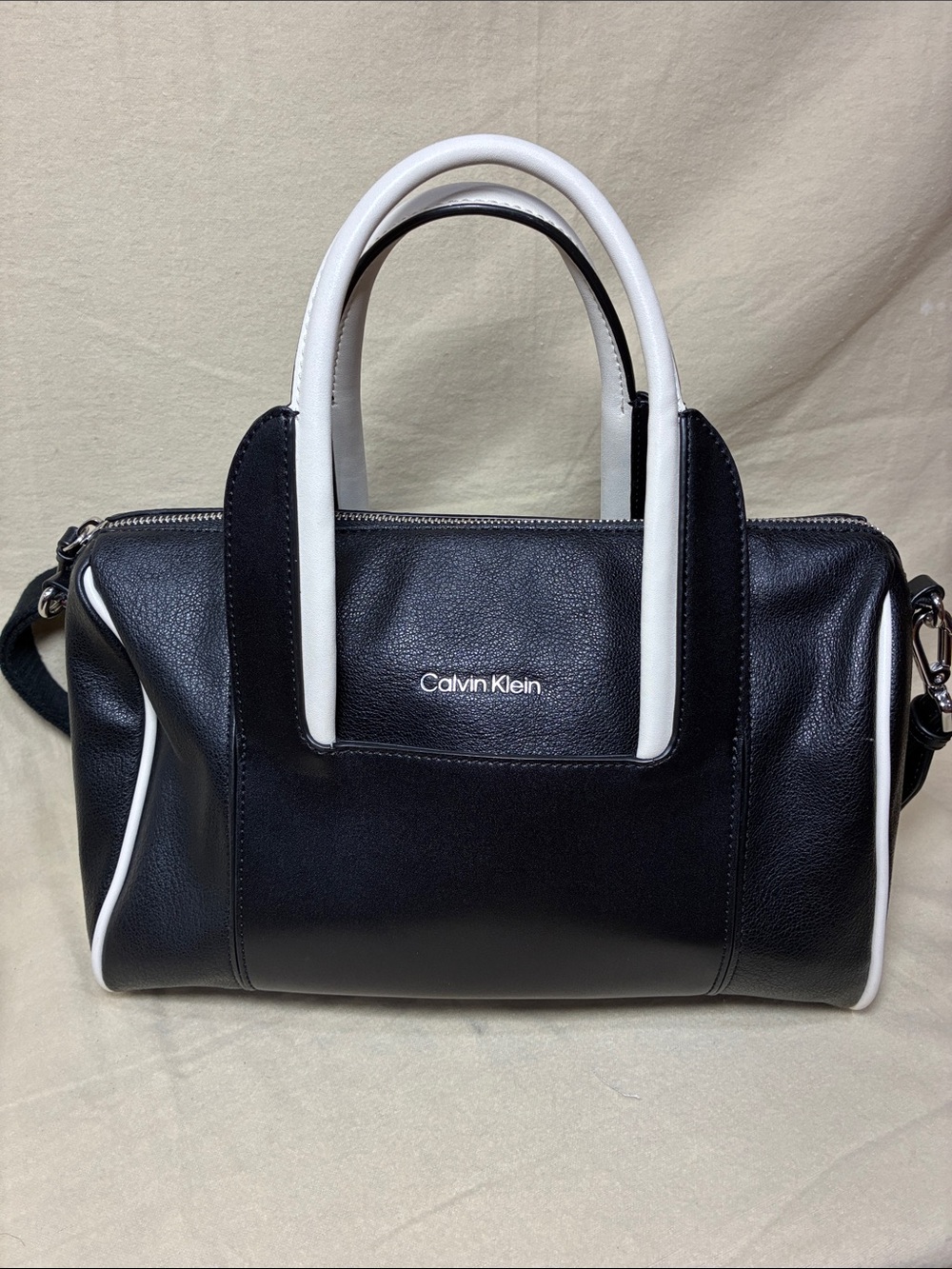 Calvin Klein Black Satchel with White Handles and Trim